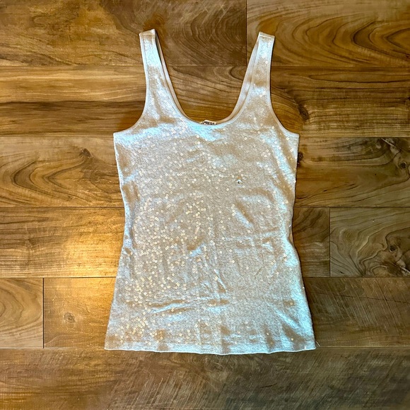 Express Tops - Express Sequin Fitted Tank Top - Cream